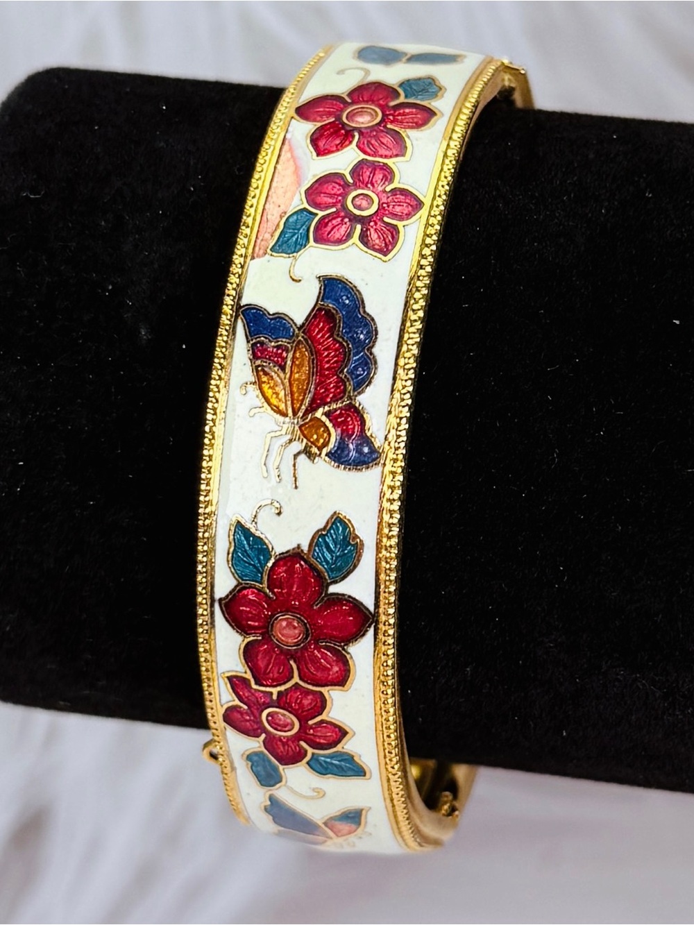 Vintage goldtone cloisonné floral, butterfly, enamel costume bangle bracelet
